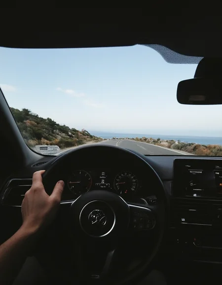 <lora:City_Worlds_01_v1_Roads_flux:1> citybkg, car interior, incar driving, vegetation, hand on the wheel, sea side road