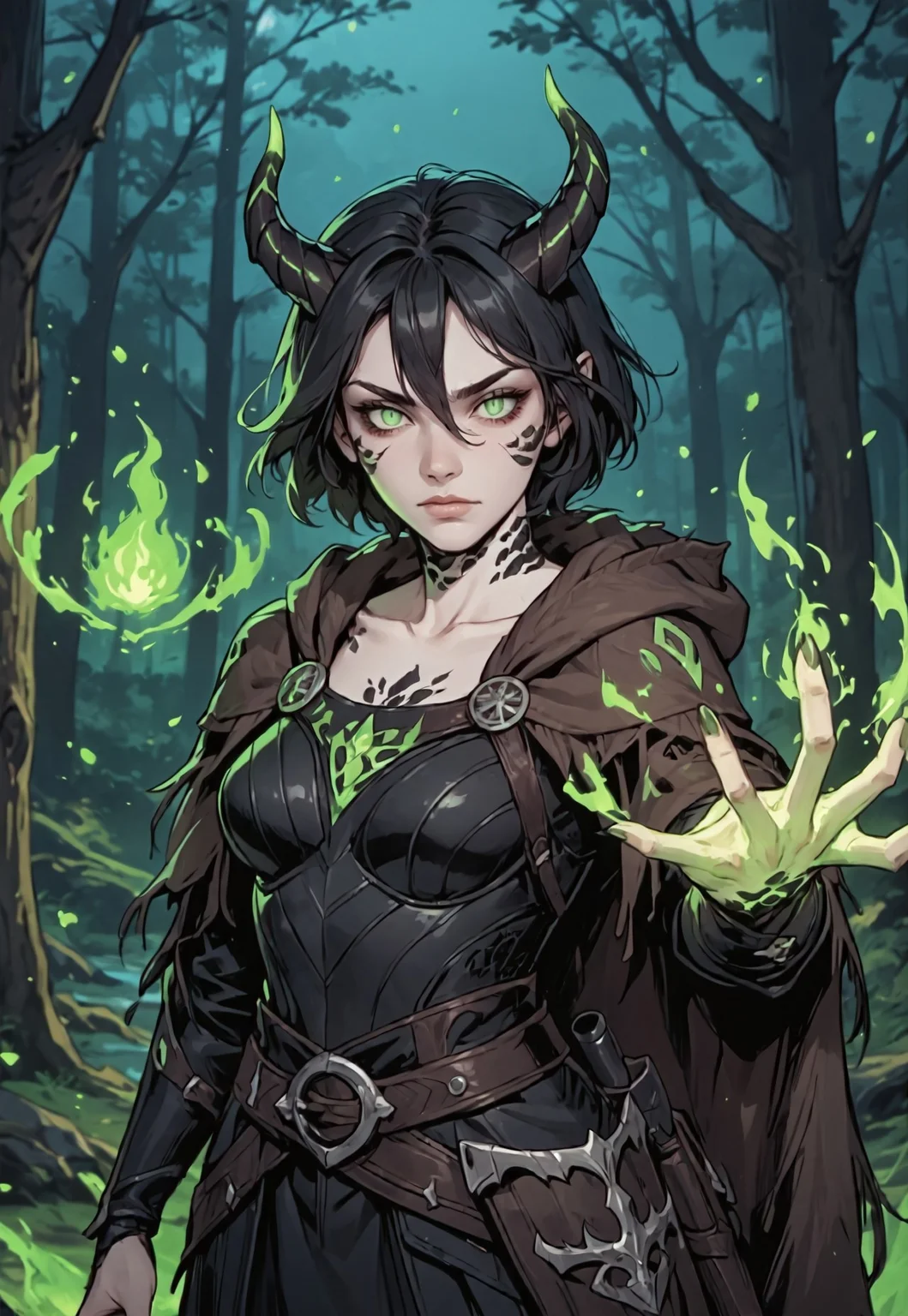 safe_pos, ((zPDXL3)), score_9, score_8_up, score_7_up, score_6_up, score_5_up, score_4_up,
1girl, solo, Adult Woman, Slender Build, pale skin, short hair, wild hair, hair between eyes, looking at viewer, pale green eyes, slit pupils, black pupils, plain expression, medium breast, black hair, (extremely detailed face and eyes), closed mouth, collarbone, outdoors, tree, night, nature, leather armor, forest, in tree, hood, fur cloak, horns, neck scales, sholder scales, casting spell, green energy, green ball, glowing green fire, green embers, wisps of green flame, black scales, black dragon, dragon girl,