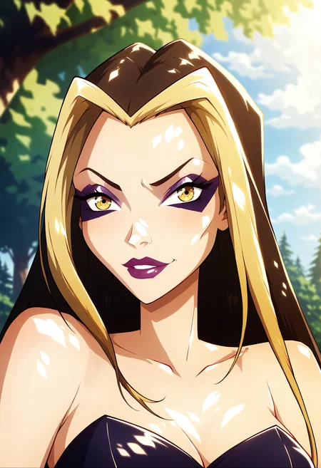 score_9, score_8_up, score_7_up,  <lora:d4rc1-000008:1> d4rc1,1girl,solo, looking at viewer,portrait, <lora:MeMaXL_V3:0.7> outdoors, detailed, dappled sunlight, clouds,forest