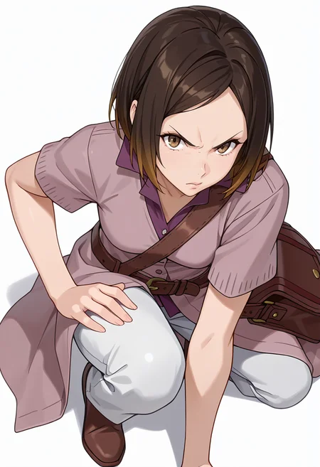 Smooth Quality,masterpiece,very intricate, high quality details, ultra realistic, high detailed skin,detailed enviorement,absurdres,
simple background, white background,solo,
crouching, one hand on ground, other on knee, intense gaze, balanced stance, ,from above,angry,
<lora:Kirara_Mizutani_cnn:0.8> 1girl, short hair, brown hair, multicolored hair, two-tone hair, brown eyes, at viewer, upper body,shirt, short sleeves, collared shirt, coat, pants, purple shirt,brown belt, shoulder bag,