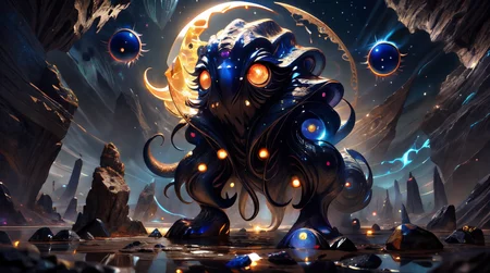 (masterpiece, best quality, fullscreen), [(full body:1.2)::0.2] portrait (photo of a Colossal [magical being:creature:0.6] made of soft mud:1.2), (glowing Spinel eyes:1.4), (Rippled Calcite [stone, mud] skin:1.6), (some Eclipsing raw giant Citrine:1.3), (Lapis Lazuli Enchanted Circlet:1.3), (Feathered body shape:0.9), (Snake head:1.2), (several Tentacle:1.3), (Eagle Wings:1), <lora:EFFECT earth-a-e-style-darquelilly-v1:0.2> earthastrologystyle, <lora:EFFECT sapphire-gem-style-darquelilly-v3:0.2> sapphiregemstyle, <lora:MONSTER kUglyCreaturesV2:0.6> U61yCre4ture, (background outdoor among stones with Glowing Runes and Hiking Path and Echo:1.2), (rocky floor), (Ethereal Light lighting:1.2), <lora:BACKGROUND FantasyUnderground-10:0.1> (fanun:1.2), , , (look at the viewer:1.2), <lora:SLIDER weight_slider_v2:-0.5>, <lora:SLIDER muscle_slider_v1:0.5>, <lora:EFFECT Unleashed_V1.5_prunned:0.4>, <lora:QUALITY kkw-better-v1.0a:0.3>, <lora:QUALITY add_detail:0.5>, <lora:QUALITY PotatEnhancer_V1_6:0.5>, <lora:QUALITY BG2_dpep4+silicon29dim64:0.5>, (Full body Shot, Shallow Focus Shot, Low Angle Shot:[1.2:0.5:0.1]), heavily detailed, magical, fantasy, (asymmetric composition:1.6), (sharp focus), <lora:EFFECT Magic card fakemtg_label:1> fakemtg, (no humans), extremely detailed, 4k, trending on artstation, octane render, cinematic, cgsociety