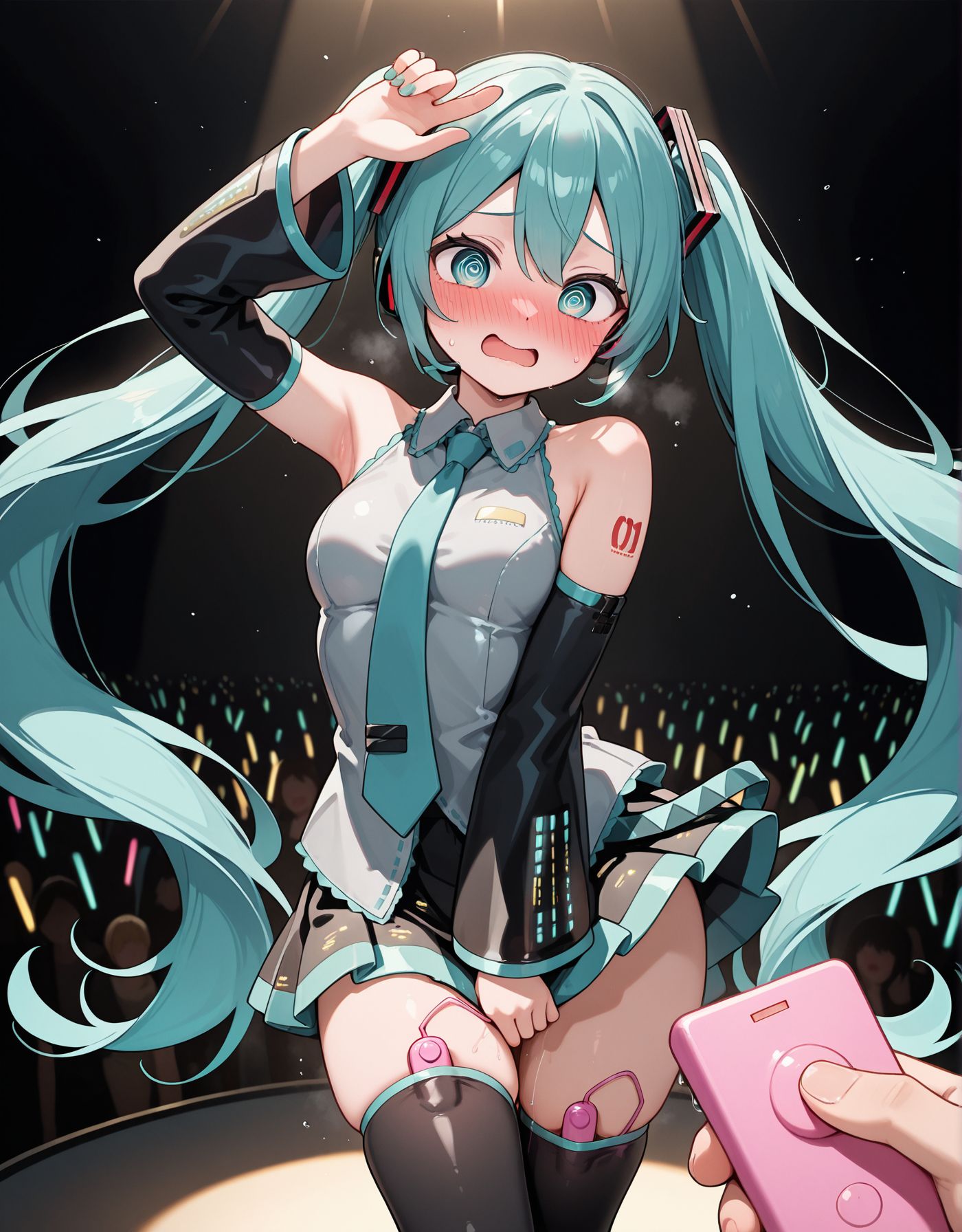 <lora:Remote_Vibrator:0.5>
Remote Vibrator,Remote_VibratorV1,
holding 1 Remote Controller,
1girl,
blush,
breasts,
@ @,solo focus,
remote control,
dancing, 
egg vibrator in thighhighs, covering skirt,
BREAK
stage, spotlight, hatsune miku,