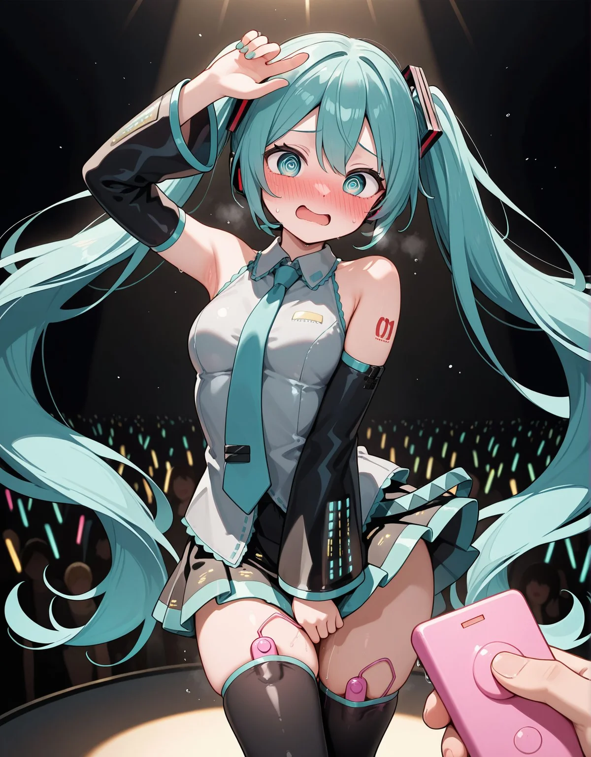 <lora:Remote_Vibrator:0.5>
Remote Vibrator,Remote_VibratorV1,
holding 1 Remote Controller,
1girl,
blush,
breasts,
@ @,solo focus,
remote control,
dancing,
egg vibrator in thighhighs, covering skirt,
BREAK
stage, spotlight, hatsune miku,