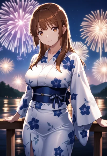 masterpiece, best quality, amazing quality,ayumi nonokura, brown eyes, brown hair, long hair, 1girl, solo,breasts, japanese clothes, yukata,white kimono,light smile, standing, looking at viewer, cowboy shot, outdoors, lake, aerial fireworks, night, blurry background<lora:ayumi nonokuraV1:1>