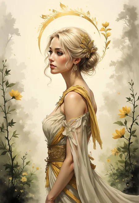 A dinkfsn style ink wash painting of a regal head-and-shoulders portrait of a woman standing amidst an ethereal and luminous setting. Her platinum blonde hair is intricately styled into an elegant updo, with loose curls cascading gracefully down her shoulders. She is adorned in a flowing golden-white gown with delicate pleats and lace accents, cinched at the waist with a finely detailed belt. Her ornate golden mantle, shaped like a blooming flower, frames her upper body, evoking a divine, celestial presence. The background is a swirling mix of misty whites, warm golds, and faint greens, dotted with subtle hints of organic elements like vines and blooming flowers. Her serene expression, highlighted by soft pink lips and glowing skin, conveys grace and wisdom. Golden light radiates around her like a halo, further enhancing the divine atmosphere. The scene feels like a moment frozen in time, capturing beauty, power, and tranquility.