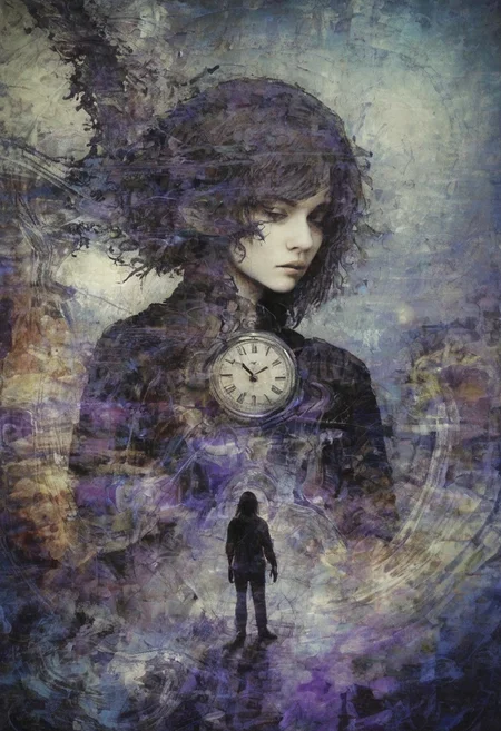 a world inside me, street, epic fantasy, dark fantasy, gritty, real, graffiti, long hair, (((silhouette))), expressionism art, fractals, stopwatch, deep purple and gray, at dusk, cinecolor, (dimmed colors:1.1), hdr, mentixis, linquivera