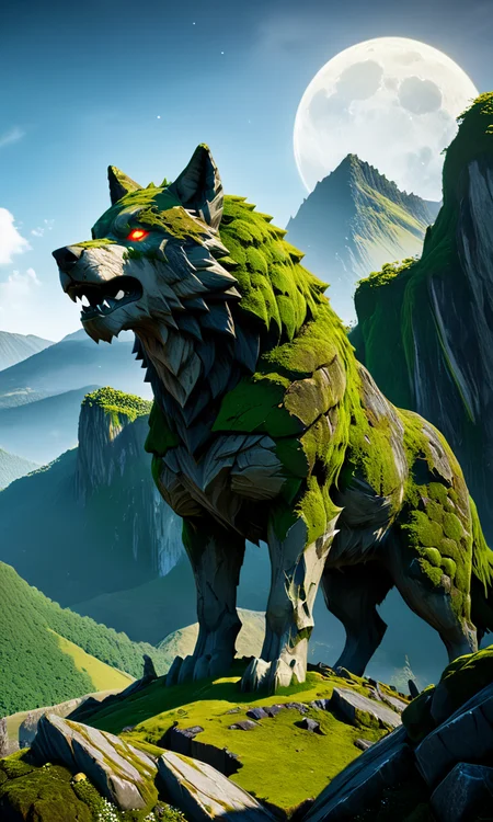 <lora:abslandsdxl:1>, a painting of a giant stone wolf standing over mountains, covered in moss, earth elemental, debris, glowing eyes, abslandsdxl, mythical creature, earth spirit, wolf golem, best quality, masterpiece, trending on artstation, unreal engine, trx on, volumetric lighting, wolf titan, stone titan,