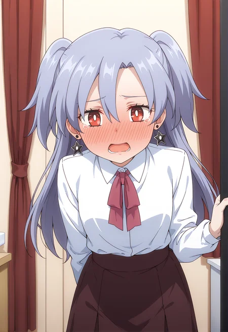 <lora:Asuka KUSAGAKURE_illustrious-000058:1>,
Asuka KUSAGAKURE, earrings, blush, jewelry, two side up, star earrings, curtains, open mouth, skirt, red eyes, shirt, white shirt, tears, bright pupils, nose blush, long sleeves, indoors, solo, looking at viewer, full-face blush, embarrassed, neck ribbon, hair between eyes, ribbon, white pupils, leaning forward, brown skirt, bow, collared shirt