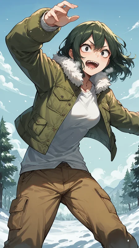 score_9,score_8_up,score_7_up,score_6_up, <lora:xl_more_art-full_v1:0.5>, source_anime, girl, dynamic pose, spread arms, <lora:Setsuna Tokage (Lizardy) - Pony:0.8>, medium hair, green hair, black eyes, quilted jacket, fur trim, cargo pants, winter, freezing breath, sharp teeth,