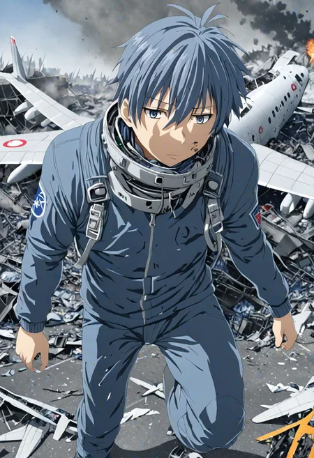 high resolution, solo, best quality, 1Boy, Tomoya Okazaki, Grey Blue Hair, dystopia, Plane Crash, OverallDetail