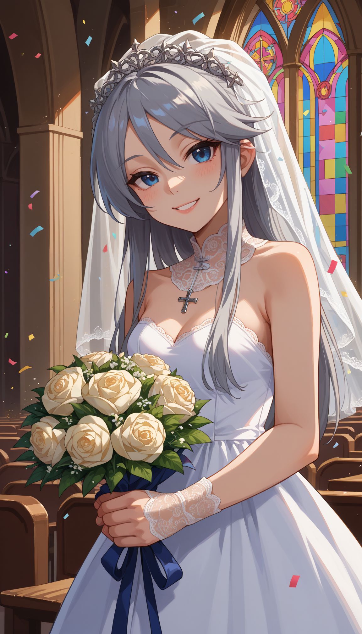 score_9, score_8_up, score_7_up, source_anime,
 <lora:GUPFlint:1> gupflint, 1girl, long hair, grey hair, blue eyes,indoors, church, stained glass, whie veil, laced gloves, upper body, close portrait church, holding bouquet, (confetti:1.1), smile, white dress, wedding dress, church, holding bouquet, (confetti:1.1)