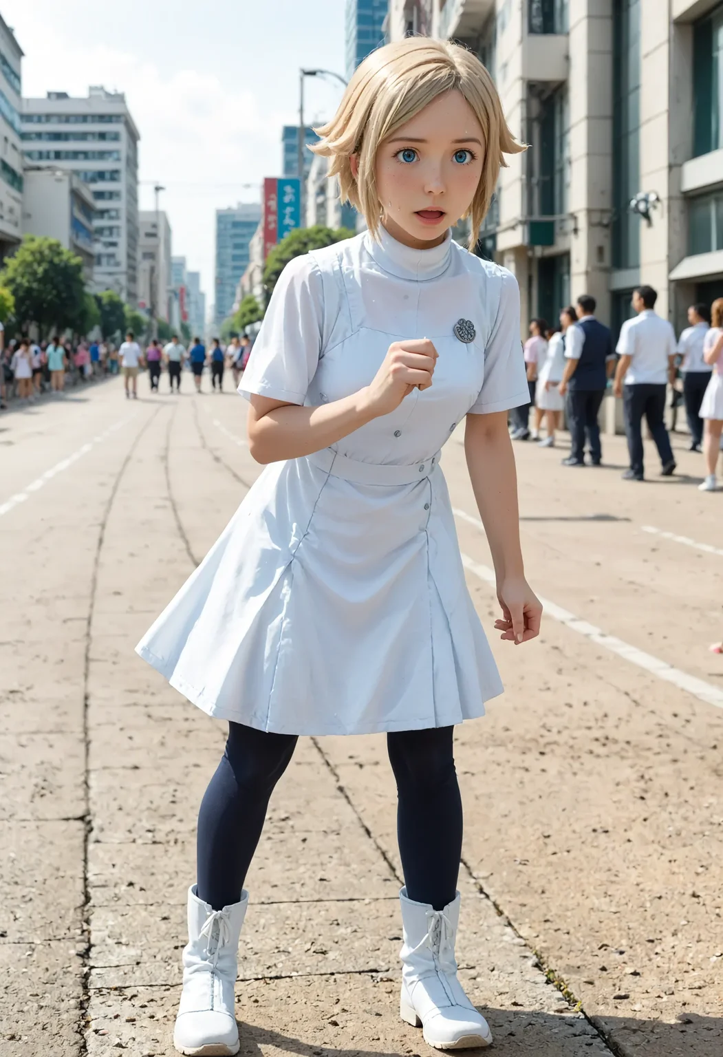 <lora:Hyper-SDXL-8steps-lora:1> <lora:Fixhands_anime_bdsqlsz_V1:1> zPDXL2, score_9, score_8_up, score_7_up, source_anime, intricate details, perfect anatomy BREAK
outdoors, city, tokyo, japan, audience, crowd, exercise, working out , sweat, Surprised, Wide-open eyes, a raised brow, and an open mouth., 1girl, solo, solo focus, 
<lora:GAGE-unoa_asuno_XL(pony)v10:1> GAGE-AG164unoa, milf, blonde hair, short hair, blue eyes, GAGE-AG164unoa outfit, white dress, white skirt, black pantyhose, white boots, turtleneck,