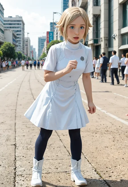 <lora:Hyper-SDXL-8steps-lora:1> <lora:Fixhands_anime_bdsqlsz_V1:1> zPDXL2, score_9, score_8_up, score_7_up, source_anime, intricate details, perfect anatomy BREAK
outdoors, city, tokyo, japan, audience, crowd, exercise, working out , sweat, Surprised, Wide-open eyes, a raised brow, and an open mouth., 1girl, solo, solo focus, 
<lora:GAGE-unoa_asuno_XL(pony)v10:1> GAGE-AG164unoa, milf, blonde hair, short hair, blue eyes, GAGE-AG164unoa outfit, white dress, white skirt, black pantyhose, white boots, turtleneck,