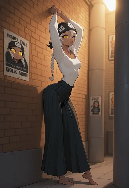 score_9, score_8_up, score_7_up, score_6_up, score_5_up, score_4_up, Cinematic Lighting, Volumetric Lighting, Bloom, Post Processing, Perfest Anatomy, Extermy Ely Detailed Eyes and Face, Perfect Eyes. 8K,
1girl, ((Solo,))
kawaii face, cute face,very brown skin, white hair, braids, thick braids, long braids, lips, yellow eyes, big eyes.braids with a bow, shiny hair, black bandana on head, hair between eyes,
slim figure,collarbone, skinny body, narrow waist, wide hips, (high breasts), small breasts, perfect round butt,long legs,
-- clothing -- White mesh top, ,no bra, pleated skirt with straps
BREAK
Girl standing by brick wall, back arched, one leg bent at the knee, leaning against wall, resting against wall, arms above head, one eye closed.arms above head
advertising posters, posters, and painted graffiti,
Streets of modern city, midday, rays of sun, random people in background, pillars, glass display cases, cars, pillars. summer day, hot day,
(((side view))) (focus on torso) close-up plan,
dynamic lighting, warm lighting, dreamy lighting, realistic volumetric lighting
<lora:DandonFuga_Style_v.2_-_Pony:0.65>