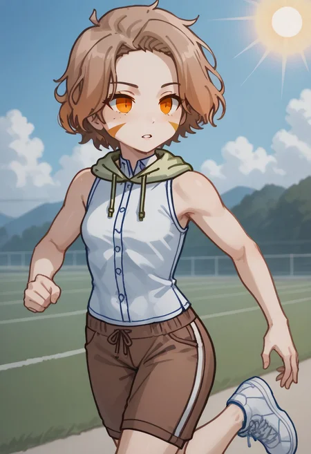 score_9, score_8_up, score_7_up, score_6_up,S6ARAGWOFFRGRD, brown hair, short hair, orange eyes, facial mark, brown unbuttoned hoodie, white shirt, brown shorts,
white shoes, female focus, parted lips, slender, flat breasts, white
tank top, sleeveless, (blue track pants), outdoors, sun high in the sky,jogging,