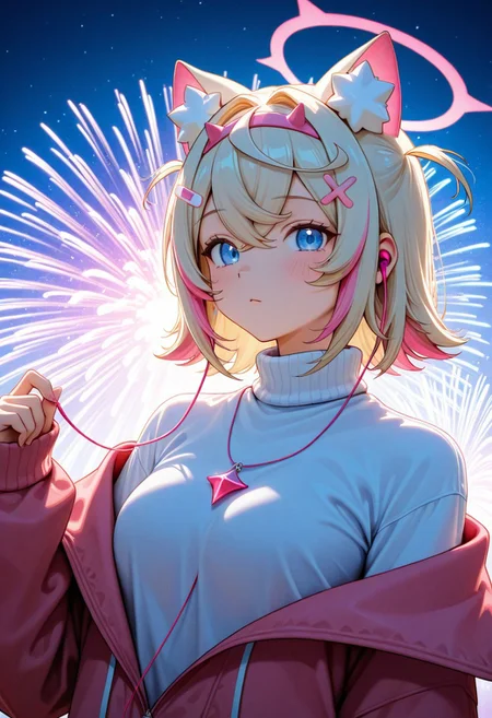 d_up, 1girl, mococo abyssgard, blonde hair, pink hair, blue eyes, earphones, multicolored hair, medium hair, shirt, turtleneck, sweater, long sleeves, turtleneck sweater, jacket, glitch, upper body, abstract background, white shirt, halo, fireworks, looking at the viewer, cute