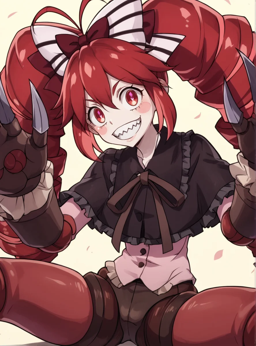score_9, score_8_up, score_7_up, score_6_up, score_5_up, score_4_up source_anime, anime screencap, <lora:Micha_symphogear:0.8>michajawkan, solo, teeth, twin drills, sharp teeth, long hair, drill hair, blush stickers, red hair, red eyes, smile, antenna hair, joints, hair bow, doll joints claw \(weapon\), smirk, sitting
