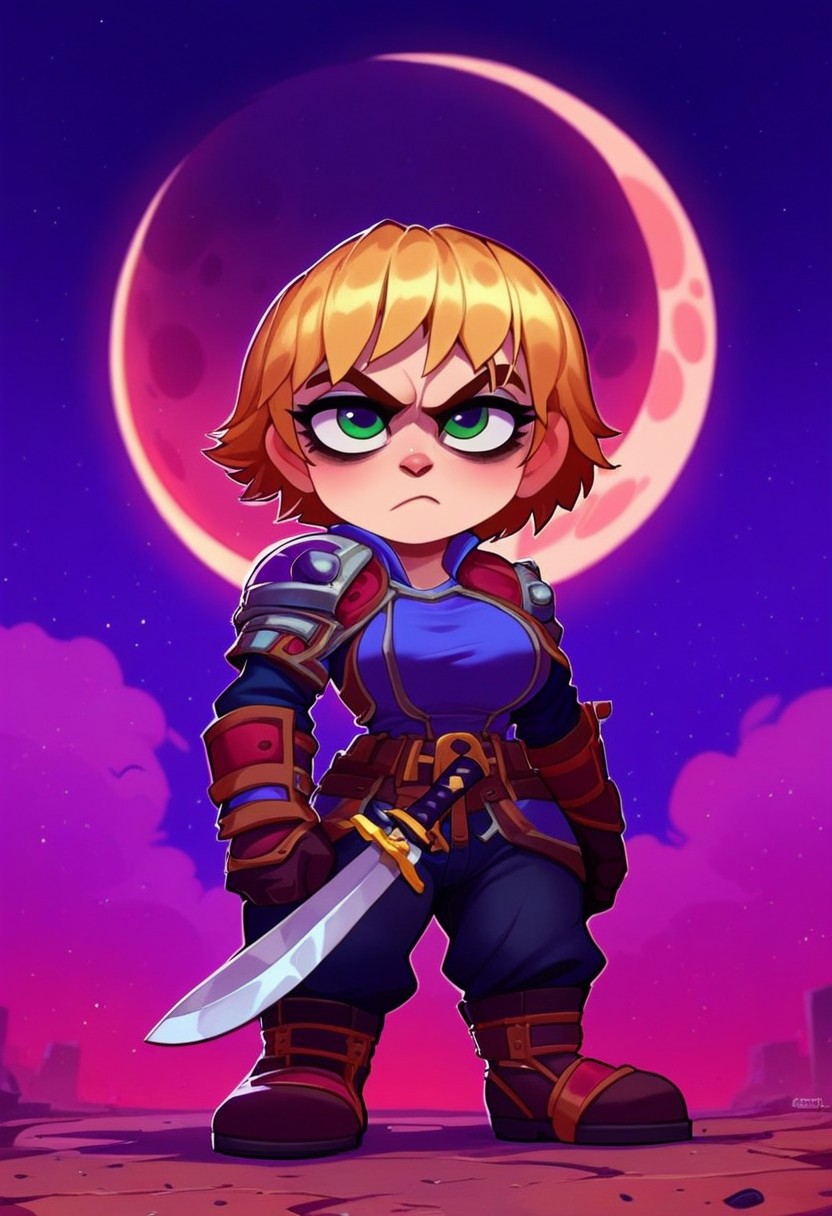[score_9, score_8_up, score_7_up, <lora:Smooth Anime Style LoRA XL:1>, anime style, dark fantasy, 1girl gnome, short stature, big eyes, big ears, green eyes, long blonde hair, (shortstack:1.3), (medium breasts:1.1), round breasts, wearing armor,wearing hat, shoulder armor,skull emblem on shoulder,  (gloomy empty streets, dark forests, moon in the sky:1.6), Cold and angry, seductive gaze, fighting posture, (She holds a two-handed sword in her hands:1.9), bedroom eyes, solo, <lora:OtherStyle_03:1> <lora:Round_Breasts_XL_XV7:0.8>