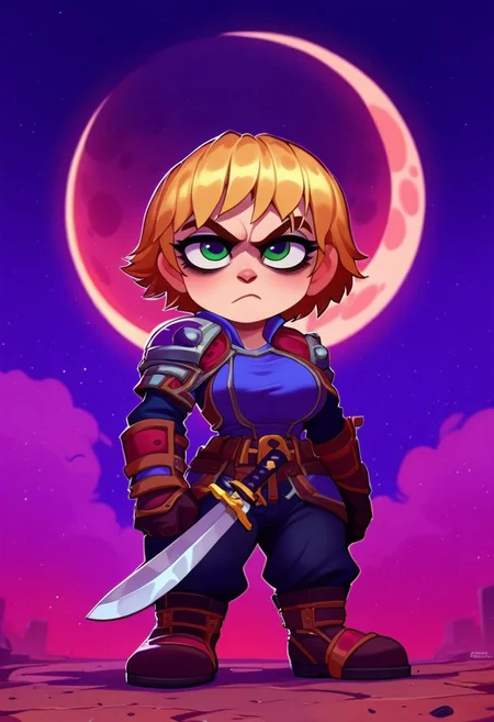 [score_9, score_8_up, score_7_up, <lora:Smooth Anime Style LoRA XL:1>, anime style, dark fantasy, 1girl gnome, short stature, big eyes, big ears, green eyes, long blonde hair, (shortstack:1.3), (medium breasts:1.1), round breasts, wearing armor,wearing hat, shoulder armor,skull emblem on shoulder,  (gloomy empty streets, dark forests, moon in the sky:1.6), Cold and angry, seductive gaze, fighting posture, (She holds a two-handed sword in her hands:1.9), bedroom eyes, solo, <lora:OtherStyle_03:1> <lora:Round_Breasts_XL_XV7:0.8>