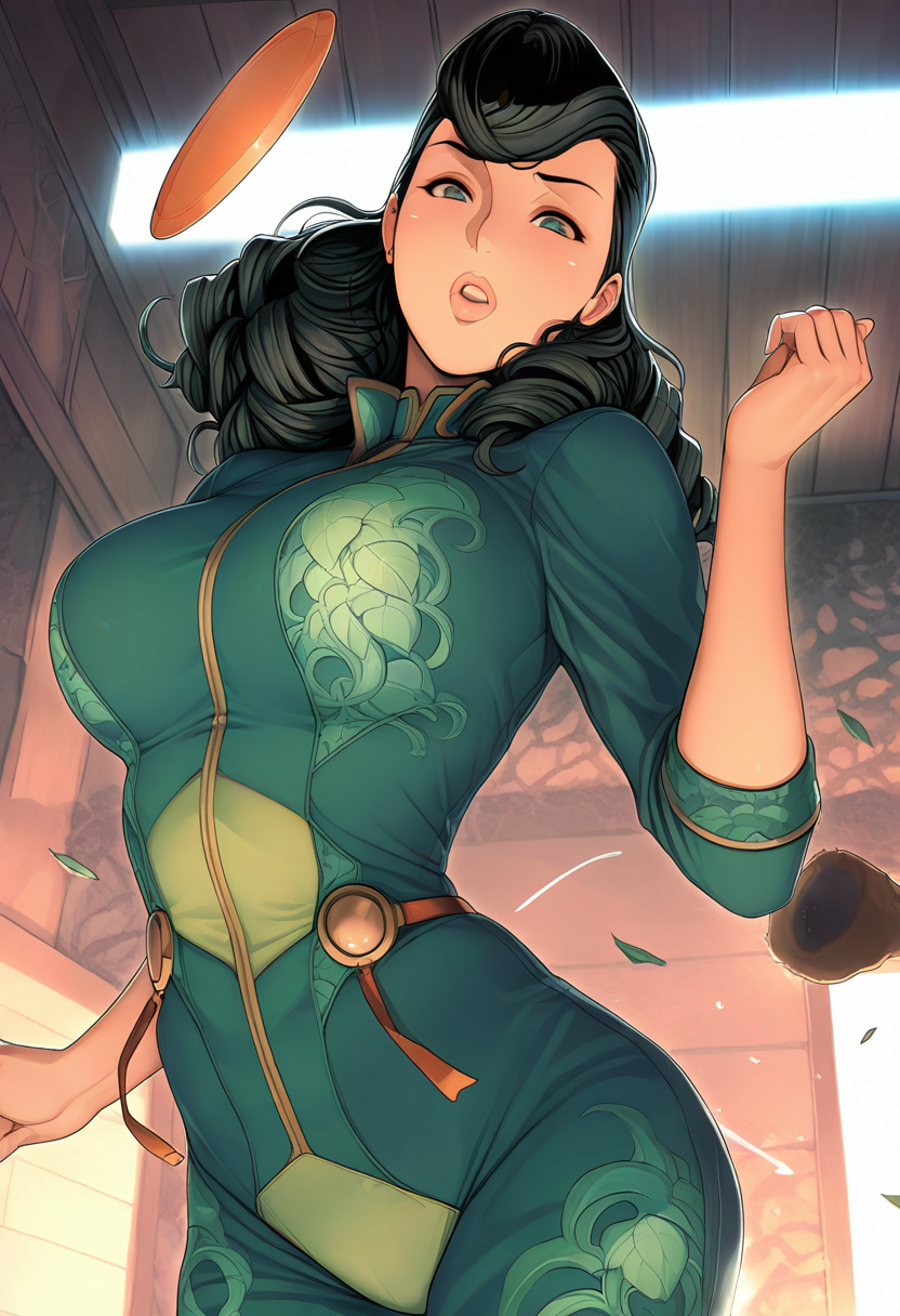 masterpiece, best quality, amazing quality, 1girl, solo, large breasts, Posing as if throwing a frisbee, fisheye, Jungle green romper, tri drills, pompadour, Jet Black hair, hut, lower_body, <lora:Illustrous\oda-non_IL:1.0>