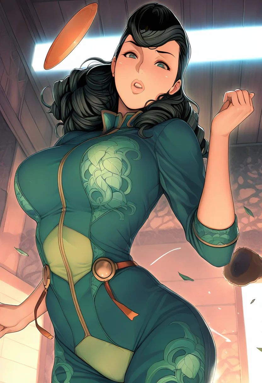 masterpiece, best quality, amazing quality, 1girl, solo, large breasts, Posing as if throwing a frisbee, fisheye, Jungle green romper, tri drills, pompadour, Jet Black hair, hut, lower_body, <lora:Illustrous\oda-non_IL:1.0>