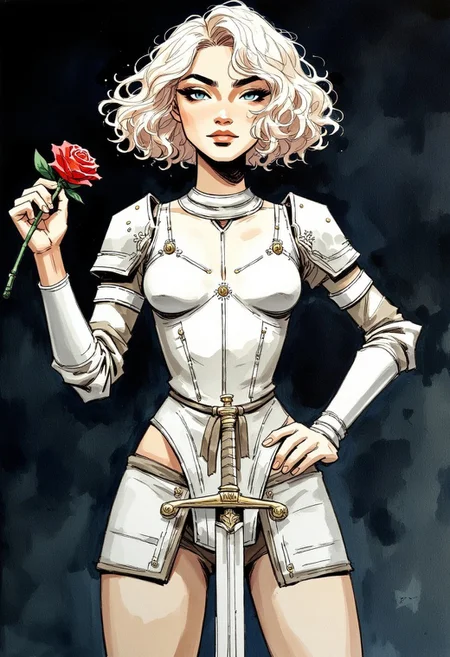 Watercolor, acrylic, random pose, white woman in shining armor holding a rose and sword, editorial model, gorgeous enchantress, rose eye focus, strong, curls and curves, dark background