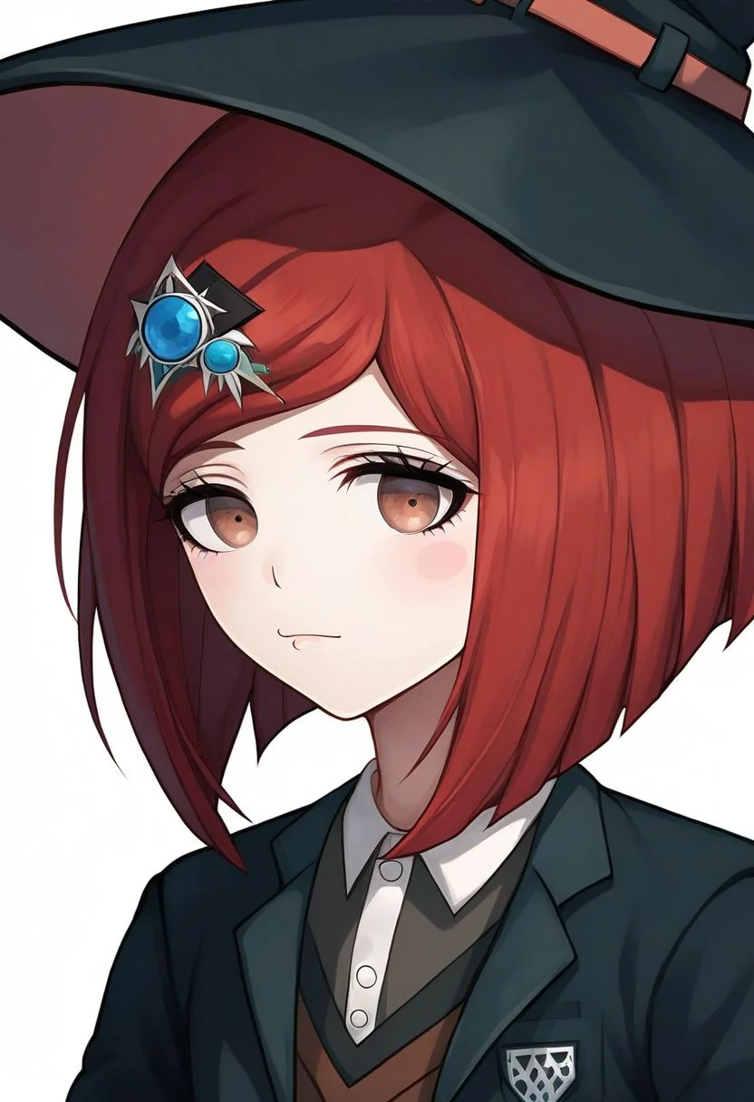 score_9, score_8_up, score_7_up, source_anime, solo, 1girl, Himiko Yumeno, red hair, hair ornament, short hair, brown eyes, blush stickers, witch hat, jacket, vest, shirt, portrait, close up, half body, standing, arms at sides, looking at viewer, standing, white background