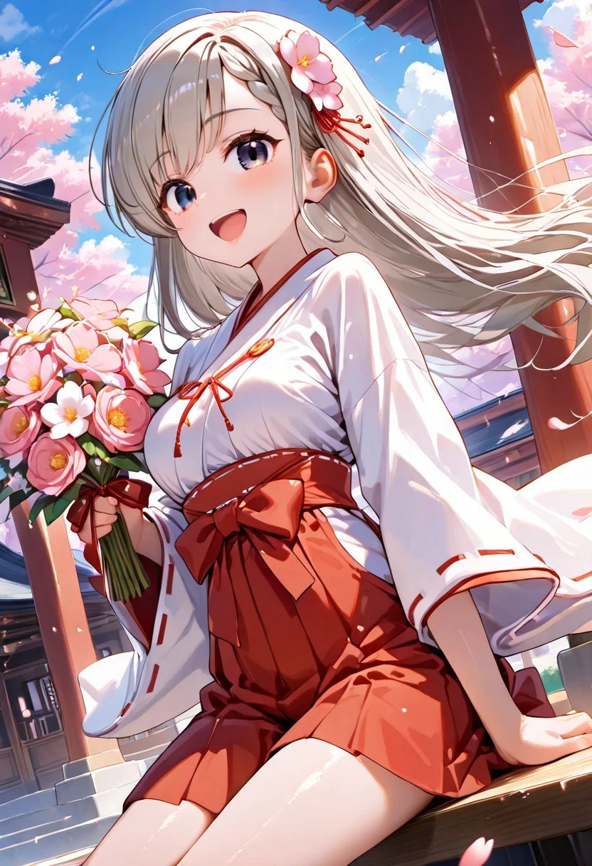 score_9, score_8_up, score_7_up, intricate detail, (masterpiece:1.2), (best quality:1.2), (very aesthetic:1.2), detailed background, ultra detailed, beautiful detailed, best quality, 4K, finely detailed, 
BREAK 
(dynamic angle, seductive pose), sitting, looking at the sky
BREAK
(spring, cherry blossom, sunlight, outside, floating petals on wind, wind, floating hair:1.2, blue sky:1.2), park,
BREAK 
((shrine maiden clothes, miko)), (flower hair ornament), (grabbing bouquet:1.2) 
BREAK 
happy smile, cute smile, seductive smile, naughty face, open mouth
BREAK 
1 girl, (((hisakawa hayate:1.2))), middle breasts, (cute face), (cute girl), ((pretty girl)), Perfect Face, (round face), ((good figure)), ((petite:1.4)), ((young:1.2)). (realistic skin), (highly detailed skin), white skin, 
BREAK 
((slit pupils)), (catchlight eyes), ringed eyes, big eyes, cool eyes, intricate details, ultra-detailed face, detailed eyes, [pastel color inner hair], 
BREAK 
Expressive eyes, (gradient eyes), 
BREAK 
looking at viewer, shiny skin,
