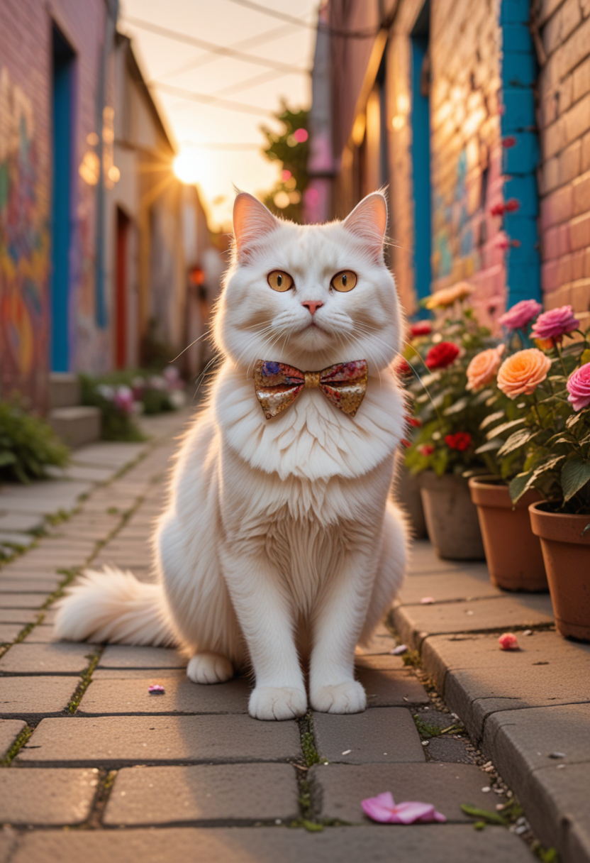 (medium full shot) of (adorable cat), cream fur, rosetted, golden, bow,  set in  a colorful urban alley with bright murals, scattered flowers, and a creative vibe, during sunset, while chasing a laser pointer, Masterpiece,best quality, photo, realistic, very aesthetic,