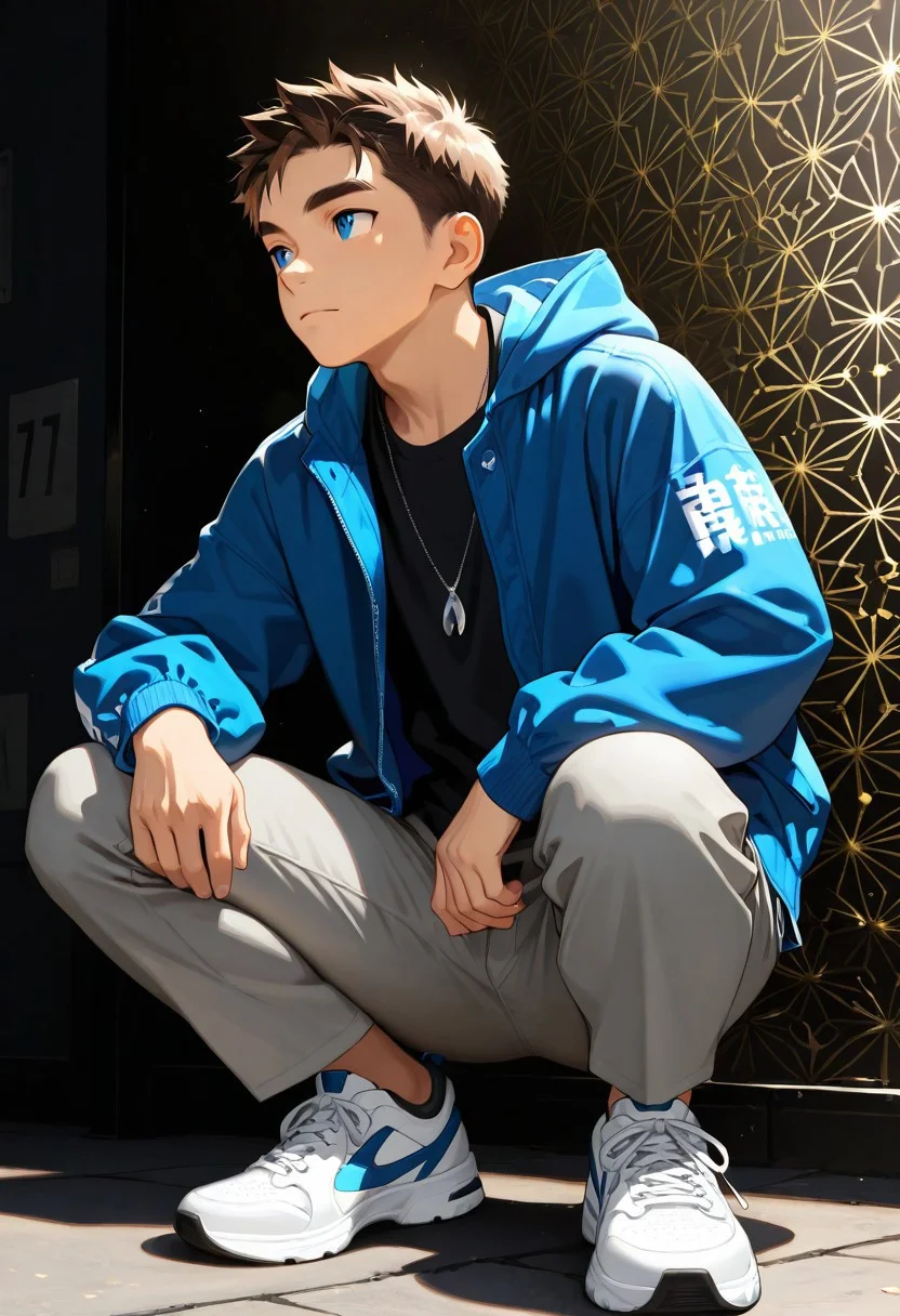 masterpiece, top quality, very aesthetic, absurd, amazing quality, high resolution, over-detailed, absurd, volumetric lighting, intricate details, abstract background, 1 boy, solo, male focus, handsome face, thick eyebrows, blue eyes, brown hair, short haircut, street clothes, hooded jacket, trousers-cargo, gray trousers, high-top sneakers, necklace, squatting