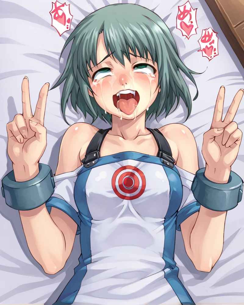 <lora:tasaka_shinnosuke_style_ForPony:1>1girl, upper teeth, ahegao, tears, V sign, lying