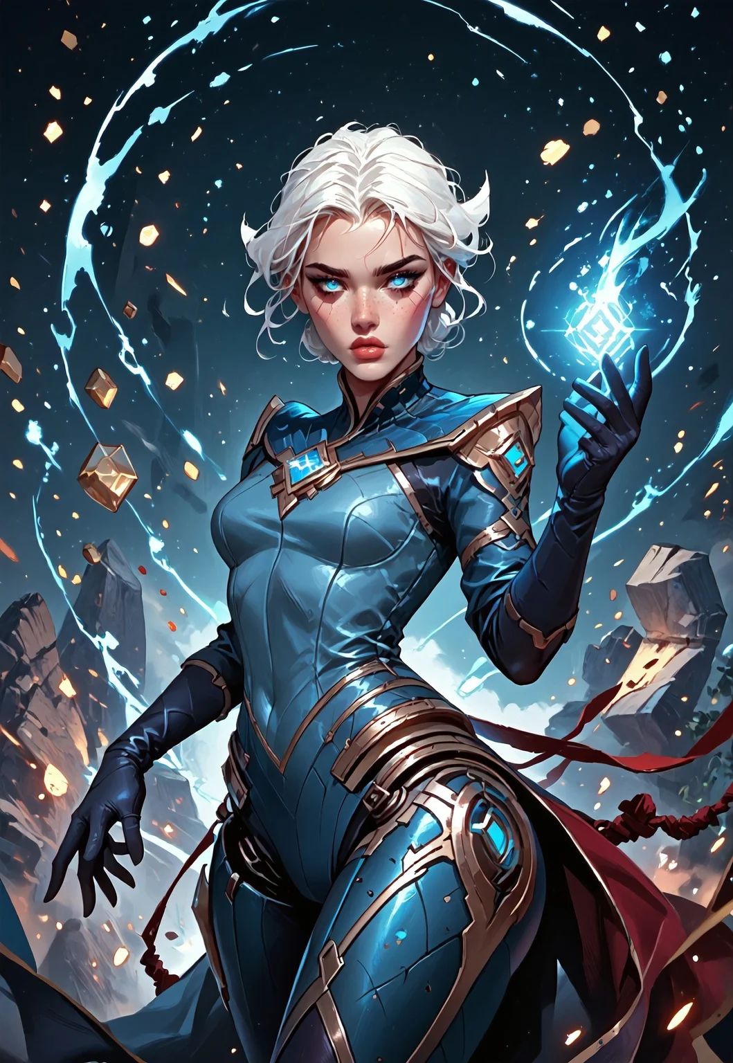 ((zPDXL3)), ((masterpiece,best quality, highly detailed)), ((score_9)), score_8_up, score_7_up, score_6_up, score_5_up, score_4_up, Digital painting style, brushstrokes, ((EnhanceImage)), solo, 1girl, CarmilleLoLPXL, blue eyes, white hair, short hair, wide hips, large breasts, blue gem, blue bodysuit, elbow gloves, black gloves, robot joints, wide hips,
Expressiveh, 30yo, adult lustful confident woman, petite, slender body, perky saggy natural breasts, full lips, bangs, sidelocks, straps,
chinese magical sorceress, animated, swirling magic, wisps of magic, ((dancing pose)), tight squeezed outfit, magical accessories, evoking motion, conveying motion, dynamic splash art,
<lora:PainterlyFantasiaPDXL:0.6>,