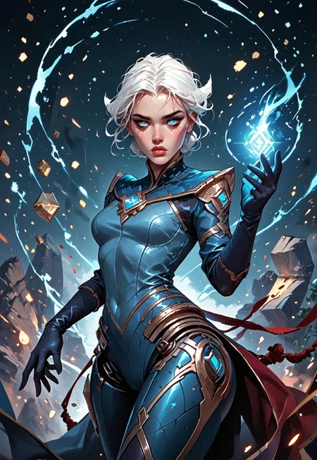 ((zPDXL3)), ((masterpiece,best quality, highly detailed)), ((score_9)), score_8_up, score_7_up, score_6_up, score_5_up, score_4_up, Digital painting style, brushstrokes, ((EnhanceImage)), solo, 1girl, CarmilleLoLPXL, blue eyes, white hair, short hair, wide hips, large breasts, blue gem, blue bodysuit, elbow gloves, black gloves, robot joints, wide hips,
Expressiveh, 30yo, adult lustful confident woman, petite, slender body, perky saggy natural breasts, full lips, bangs, sidelocks, straps,
chinese magical sorceress, animated, swirling magic, wisps of magic, ((dancing pose)), tight squeezed outfit, magical accessories, evoking motion, conveying motion, dynamic splash art,
<lora:PainterlyFantasiaPDXL:0.6>,