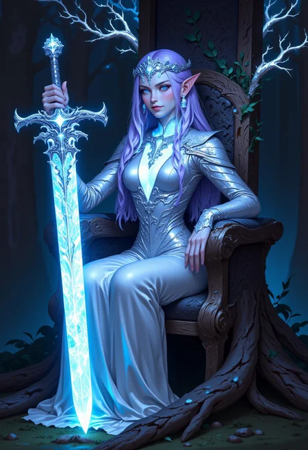 A regal night elf princess from World of Warcraft stands confidently in an enchanted forest, her striking, ethereal beauty enhanced by her commanding presence. She sits on a throne woven from ancient, silvered branches and glowing with faint blue runes, blending seamlessly into the magical surroundings. Her long, flowing hair shimmers with a silvery-purple hue, and her glowing, white-blue eyes radiate wisdom and strength. Delicate markings adorn her face, reflecting her noble heritage and connection to the arcane.
Beside her, she holds a radiant blue glowing sword, its blade gleaming with an otherworldly light. The sword’s surface is etched with intricate elven runes, pulsing faintly with arcane power, and its elegant hilt is adorned with silver filigree and a sapphire gemstone that glows like captured starlight. The sword’s tip rests gracefully against the mossy ground, its aura casting soft, magical light onto the forest floor.
She wears sleek, ceremonial armor, crafted from shimmering silver and accented with glowing blue details that seem to hum with magical energy.
The forest around her is alive with magic—ancient trees with glowing blue leaves form a natural canopy, while luminescent flowers and floating wisps of light dot the landscape.