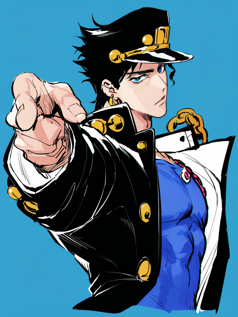 <lora:xl_jojo pose-000020:1>,jojo pose, kujo jotaro, male focus, solo, 1boy, hat, pointing, gakuran, blue eyes, school uniform, black hair, chain, pointing at viewer, long coat, blue background, upper body, earrings, masterpiece, best quality,