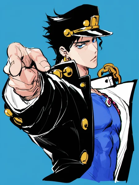 <lora:xl_jojo pose-000020:1>,jojo pose, kujo jotaro, male focus, solo, 1boy, hat, pointing, gakuran, blue eyes, school uniform, black hair, chain, pointing at viewer, long coat, blue background, upper body, earrings, masterpiece, best quality,