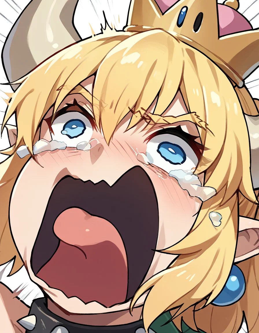 score_9, score_8_up, score_7_up, source_anime, <lora:bowsette-ponyxl-lora-nochekaiser:1> bowsette, blue eyes, blonde hair, ponytail, medium hair, sidelocks, pointy ears, horns, crown, large breasts, <lora:crying-aqua-ponyxl-lora-nochekaiser:1> crying aqua, crying aqua (meme), screaming, crying, crying with eyes open, tears, tongue, open mouth,, ,