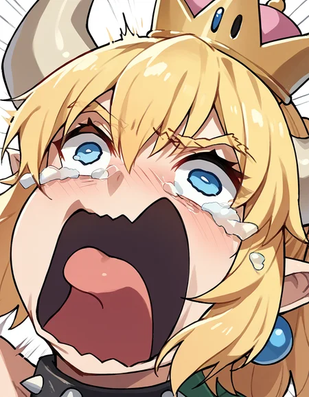 score_9, score_8_up, score_7_up, source_anime, <lora:bowsette-ponyxl-lora-nochekaiser:1> bowsette, blue eyes, blonde hair, ponytail, medium hair, sidelocks, pointy ears, horns, crown, large breasts, <lora:crying-aqua-ponyxl-lora-nochekaiser:1> crying aqua, crying aqua (meme), screaming, crying, crying with eyes open, tears, tongue, open mouth,, ,