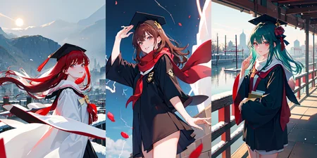 highly insanely detailed, masterpiece, top quality, best quality, highres, 4k, 8k, RAW photo, (very aesthetic, beautiful and aesthetic),
__lazy-wildcards/subject/costume/graduation_robe/prompts__,
<lora:gradgown:0.7>,
(1girl:1.3), solo focus,
(__lazy-wildcards/char/haircolor__),
__lazy-wildcards/dataset/background__,
__lazy-wildcards/subject/moment/random/prompts__âââ