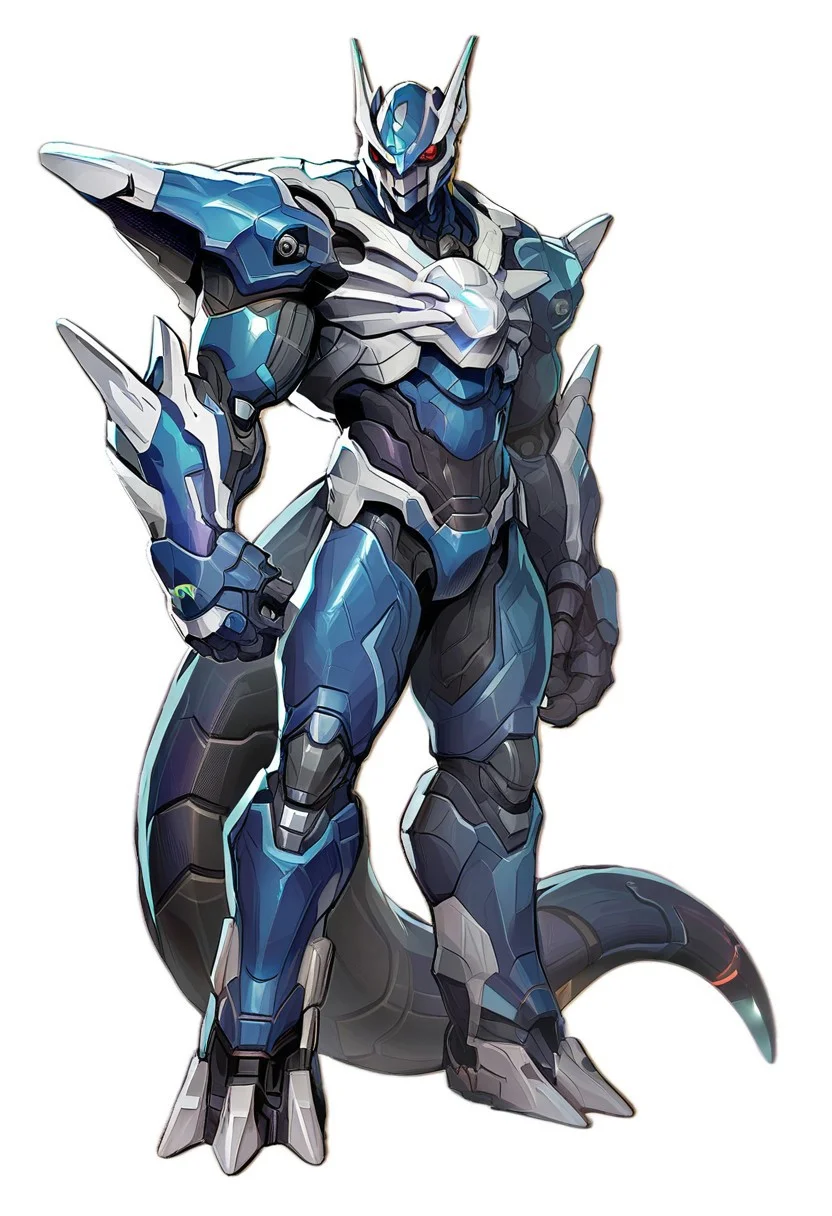 score_9, score_8_up, score_7_up, source_marvel, marvelrivals, rivals, cel-shading, realistic, solo, blue robot, male, dialga
(Blue mecha:1.5), blue neonn red eyes, dark sclera, tail
BREAK
A highly detailed character rendering, depicted in a dynamic pose with a cel-shading style. The character features bold outlines and distinct, flat color regions with no gradient mesh, maintaining separate color blocks. The background is minimalistic, emphasizing the character's striking presence.