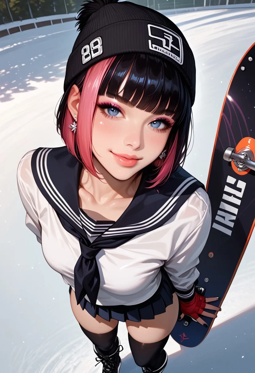 (score_9, score_8_up, score_7_up), best quality, ultra highres, realistic:0.7, solo, girl, 22 year old, silk black hair with pink highlights, straight short hair, hime cut, bangs, big bright eye, flat perky chest, sexy pink lips, half lips, detailed eyes, eyeshadow, shy, cute smile, a quarter closed eyes, BREAK slim figure, tall body, wide hips, shiny pale skin, outstanding style, sexy, pale skin, smart looking, Expressive, standing in ski resort, snowboard, ((standing by snowboard, wearing sailor uniform, pleated skirts, thigh highs boots, beanie, warm scarf, red gloves)), spread legs, legs spread, pensive, light smile, closed mouth, presenting her face, horny, face focus, looking at viewer, eye contact, face focus, tight ass, sexy face, black nail polish, pensive, light smile, closed mouth, presenting her breast, horny, breast focus, relaxed, looking at viewer, eye contact, face closeup, earrings, detailed face, detailed skin, sexy, rim lighting, two-tone lighting, low key, (extremely closed-up, near viewer), god rays of light, high angle,