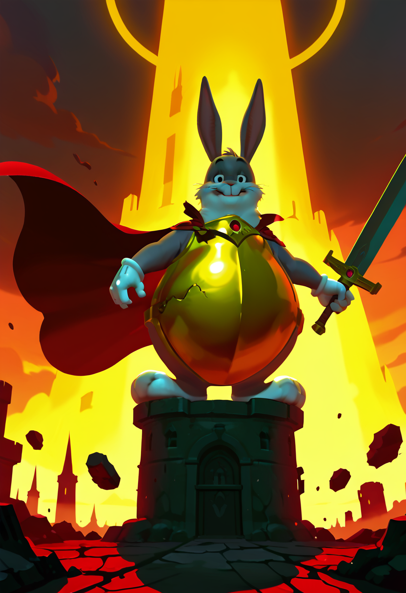 masterpiece, best quality, no humans,   zzBigChungus, looking at viewer, dynamic pose,   smug expression, ornate golden armor, oversized sword, flowing cape, battlefield, destroyed castle, stormy sky, floating rocks, glowing cracks in ground, dramatic lighting â Big Chungus towers above the ruins, his golden armor catching the lightning overhead as he hefts a sword larger than himself. A crimson cape billows behind him, torn at the edges from countless battles. Craters surround him like war medals, the scorched earth humming with residual energy from his last swing.  ,<lora:BigChungusIXL:1.0>,