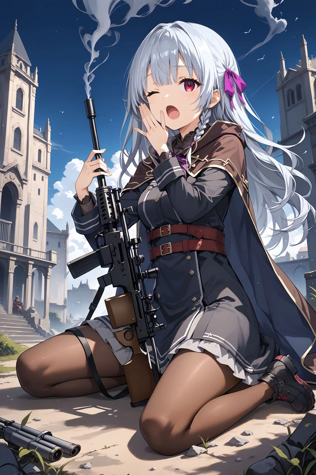 score_max, (score_9, score_8_up, score_7_up:1.2), score_6_up, official art, source_anime,
, masterpiece, absurdres, high detail, 8k,
outdoor, battlefield, smoke,
sitting on ground, holding rifle, sniper rifle, yawning, one eye closed,
, felicette, hair ribbon, purple ribbon, brown cape, black dress, long sleeves, belt, brown pantyhose, black footwear, red tail
<lora:XL_Pony_game-marfushasg-felicette-t1:1>