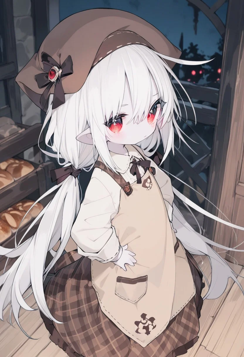 masterpiece, best quality, amazing quality, absurdres, 1girl, solo, white hair, long hair, low twintails, black ribbons, red eyes, glowing eyes, pale skin, pointy ears, baker outfit, beige apron, brown skirt, plaid skirt, baker boy cap, brown cap, night, side view, side glance, glancing at viewer, from above, hands on hips, indoors, rustic bakery