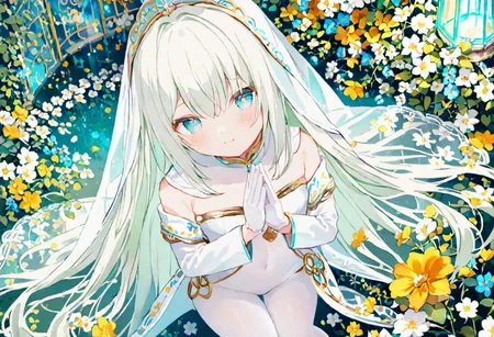 Best quality, masterpiece, fantasy flower garden, view from above, one petit priestess girl with flat chest, shining hands bound in prayer, standing upright, detailed light green long loose hair, priestess' veil, cute smooth face, gentle smile, detailed light blue eyes, detailed make up, jewelry, pure white clothes, shawl, white turtleneck leotard with long sleeves and gloves, slim waist, slim belly, thick clavicle, micro skirt, thick hips, thick thighs, white tights, heels