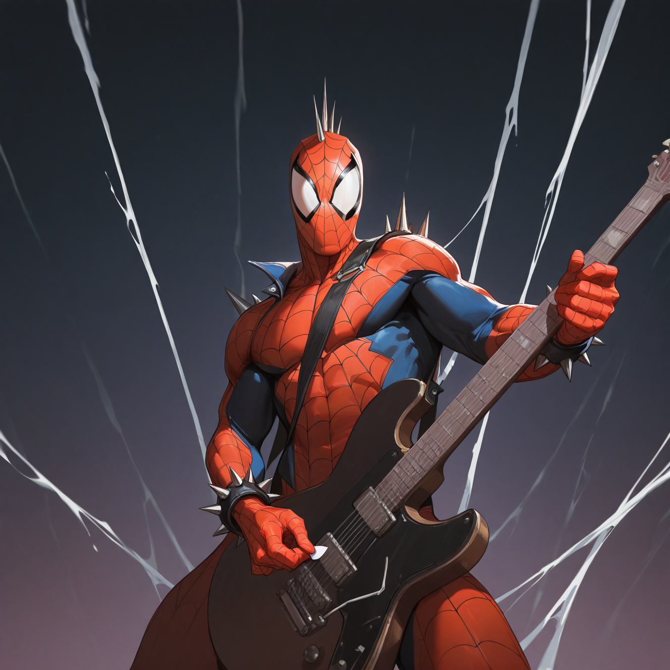 <lora:SPIDERPUNK:1>spiderpunk, solo, looking at viewer, 1boy, holding, male focus, mask, bodysuit, chain, traditional media, instrument, spikes, music, guitar, holding instrument, white eyes, playing instrument, electric guitar, superhero, \m/, red bodysuit, silk, spider web, spider web print, shoulder spikes, plectrum, holding plectrum, spiked bracelet,  dynamic perspective, night, detailed background, motion blur, film grain, abstract, natural lighting, fantasy, cinematic, dynamic view, very awa, masterpiece, best quality, absurdres, newest, perfect quality, detailed background, intricate details, (artist:fl \(l-fl\):0.7), (artist:tooboshoo:0.7), (artist:dizdoodz:0.8)    <lora:bulge:1> bulge