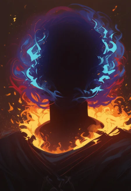 score_9, score_8_up, score_8, score_7_up, score_7, score_6_up, score_6, score_5_up, Score_5, lord_of_frenzy, headless, novakin, (faceless, no eyes, no mouth, no nose, no facial features:1.3), (short fiery blue purple hair, body made of black plasma:1.2), (blue flames:1.3), black robes, vox machine style, 1boy, male focus, solo, portrait, dark foreboding background, fantasy, (dynamic lighting:1.1) ((masterpiece))