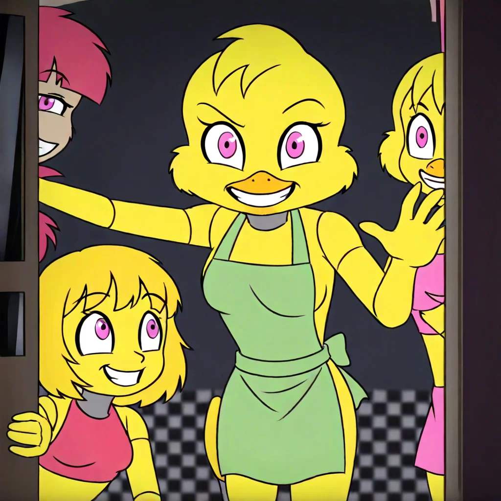 pink eyes, chicken legs, looking at another, multiple girls, blurry, checkered background, crop top, 2girls, 1girl, bangs, grin, animal focus, breasts, lying, yellow skin, doorway, apron, parody, grey background, library, indoors, hand up, blonde hair, flat color, weapon