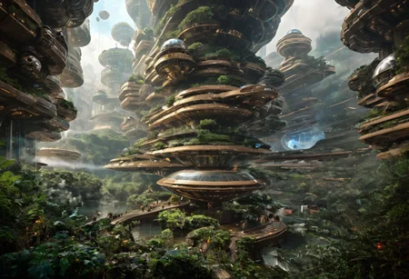 A new type of flying ship for sightseeing in the city of the future, 
Residents live in a sizable number of glass bubble capsules,
The alien colonial cities of the future look like towering ant nests built in Halong Bay filled with fog, glass dome, communications spire landmark, aircraft terminal, aerial mass transportation,
((The steel tower in the imperial capital of Star Wars, the Rubik's Cube and Golden Tower of the corporate headquarters in Blade Runner, The floating kingdom of Hayao Miyazaki's Castle in the Sky, the catacombs of Paris are full of skulls, Famous British architect Dream Detective)),
(futuristic:1.2), a huge military factory made of steel, glass, fog, sun, in the clouds, , futuristic military planes, moody tones, 
(real landscape:1.1), (blurred background:1.0), [buildings|trees|Crowd|buildings|trees|Crowd|buildings|trees|vehicle|Crowd:0.7], (background, more_details:0.3) 
great lighting, futureskyline, vertical, stacked, Curvy Architecture, Architecture photography