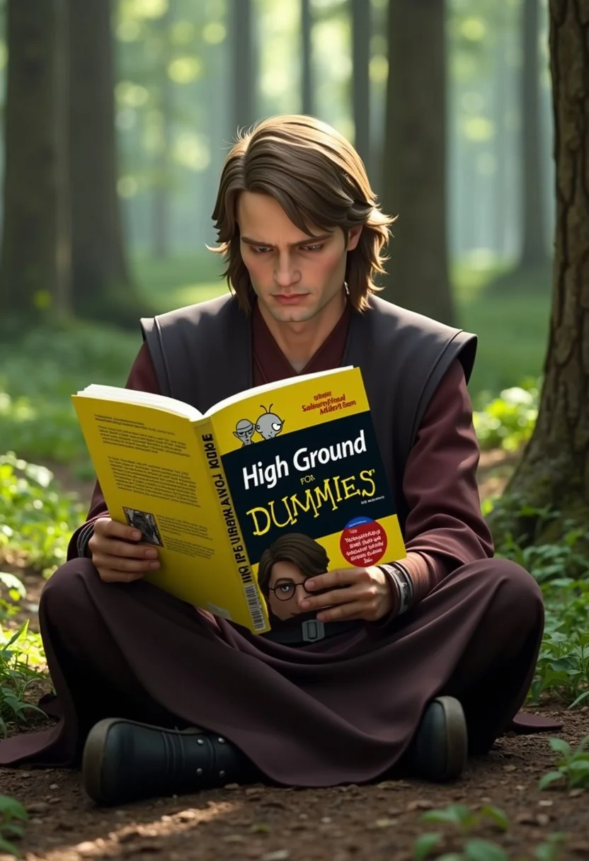 Anakin Skywalker sits in a peaceful forest, wearing his Jedi robes, deeply focused on reading a bright yellow 'For Dummies' book titled "High Ground for Dummies". The book mimics the classic 'For Dummies' design with bold text and playful details. TCWAK